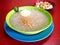 Bowl of freshly cooked rice porridge with egg and pork innards