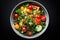 A bowl of freshly harvested vegetables on table. AI Generated