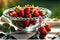 Bowl of freshly picked strawberries, drops of water on the surface reflecting morning sunlight, nestled in natural beauty