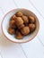 Bowl full of small fried meatballs