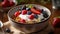 bowl of granola topped with yogurt, fruits, honey and berries on a wooden table, elaborate fruit arrangements