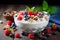 Bowl of greek yogurt sprinkled with assorted nuts and topped with fresh berries, Ai Generated