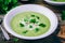 Bowl of green zucchini cream soup with fresh parsley