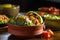 bowl with guacamole, corn, and pinto beans as focus