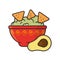 Bowl of Guacamole with tortilla chips and half Avocado isolated vector illustration