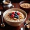 Bowl of healthy oatmeal with berries, nutritious breakfast meal