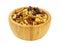 Bowl of healthy trail mix on a white background