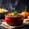 bowl of hearty chili with tender chunks of beef, rich tomato sause, and a mix of spices