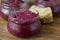 Bowl of homemade Red Chrain, a spicy paste made of grated Horseradish Armoracia rusticana, syn. Cochlearia armoracia and Beetroo