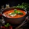 bowl of homemade tomato soup, garnished with a drizzle of cream and fresh basil leaves by AI generated