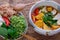 Bowl of homemade vegetarian crab paste vermicelli soup