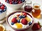 Bowl of homemade yogurt and fresh berries on wooden background, generative ai, healthy food