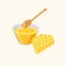 Bowl of honey, honeycombs and wooden dipper isolated on white background vector illustration in flat design.