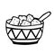 A bowl of lump sugar and a spoon. Food cookies sweets. Cup with ethnic geometric pattern. Hand drawn black doodle