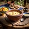 Bowl of Malawi& x27;s Nsima with Traditional Utensils and Vegetables