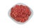 Bowl of mince isolated on white background. Homemade minced meat comes out of the meat grinder. Cooking a burger.