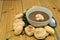 Bowl of mushroom soup on a wooden table