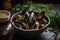 bowl of mussel soup, topped with fresh herbs and spices