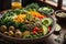 Bowl of nutritious vegan food avocado quinoa tomato cucumber veggie salad.