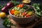 Bowl of nutritious vegan food avocado quinoa tomato cucumber veggie salad.