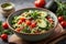 Bowl of nutritious vegan food avocado quinoa tomato cucumber veggie salad.