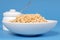 A bowl of oat cereal with sugar bowl on blue background