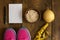 Bowl of oatmeal, Banana with yellow tape for measuring figure, empty notepad and trainers on dark wooden background