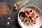 Bowl with oatmeal, blueberries, figs, chia seeds, and nuts, Healthy breakfast Gluten, lactose free, Fitness food