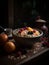 A bowl of oatmeal with blueberries and raspberries on a rustic wooden table