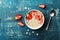 Bowl of oatmeal porridge with strawberry and almond flakes on vintage teal table top view in flat lay style. Healthy breakfast.