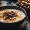 A bowl of oatmeal topped with raisins and nuts. Generative AI image.