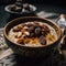 A bowl of oatmeal topped with raisins and nuts. Generative AI image.