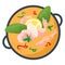 Bowl orange broth with green leaf, lemon slice and pink shrimp, concept restaurant foodstuff flat vector illustration