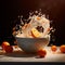 a bowl of oranges splashing into a white bowl