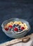 Bowl of organic steel cut oats topped with banana and berries; copy space