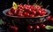 Bowl overflowing with fresh cherries on a rustic wooden table. A bowl filled with lots of cherries on top of a table