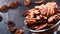 Bowl with pecan nuts on wooden table