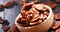 Bowl with pecan nuts on wooden table