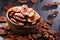 Bowl with pecan nuts on wooden table