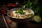 A bowl of pho, Vietnam\\\'s famous rice noodle soup, garnished with cilantro, lime, bean sprouts and chili peppers. Capture the