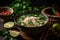 A bowl of pho, Vietnam\\\'s famous rice noodle soup, garnished with cilantro, lime, bean sprouts and chili peppers. Capture the