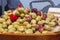 Bowl of pickled olives at farmers market in France