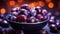 A bowl of plums with a bunch of lights around it, AI