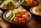 Bowl of poke salad with tuna,avocado and rice on table.Macro.AI Generative