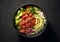 Bowl of poke traditional fish and rice salad.Macro.AI Generative
