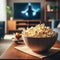Bowl of popcorn sits on coffee table (daytime)