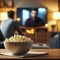 Bowl of popcorn sits on coffee table (daytime)