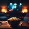 Bowl of popcorn sits on coffee table (evening)
