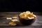 Bowl potato chips on kitchen table. Generate Ai
