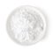 Bowl of powder sugar on white background, top view